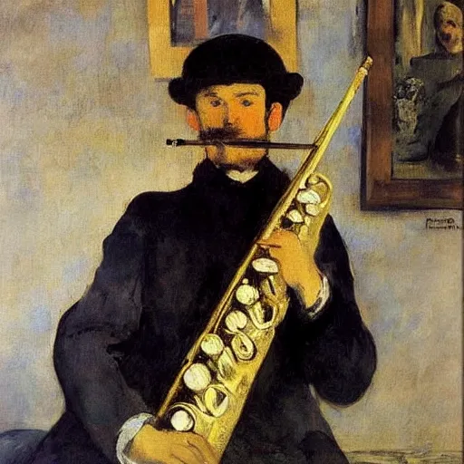 Prompt: an oil painting of a flute player by Manet