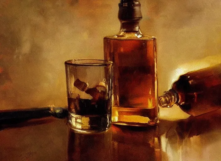 Image similar to oil painting of whiskey bottle, art by anders zorn, wonderful masterpiece by greg rutkowski, beautiful cinematic light, american romanticism by greg manchess, reflections in copper, sunlight, dust and steam