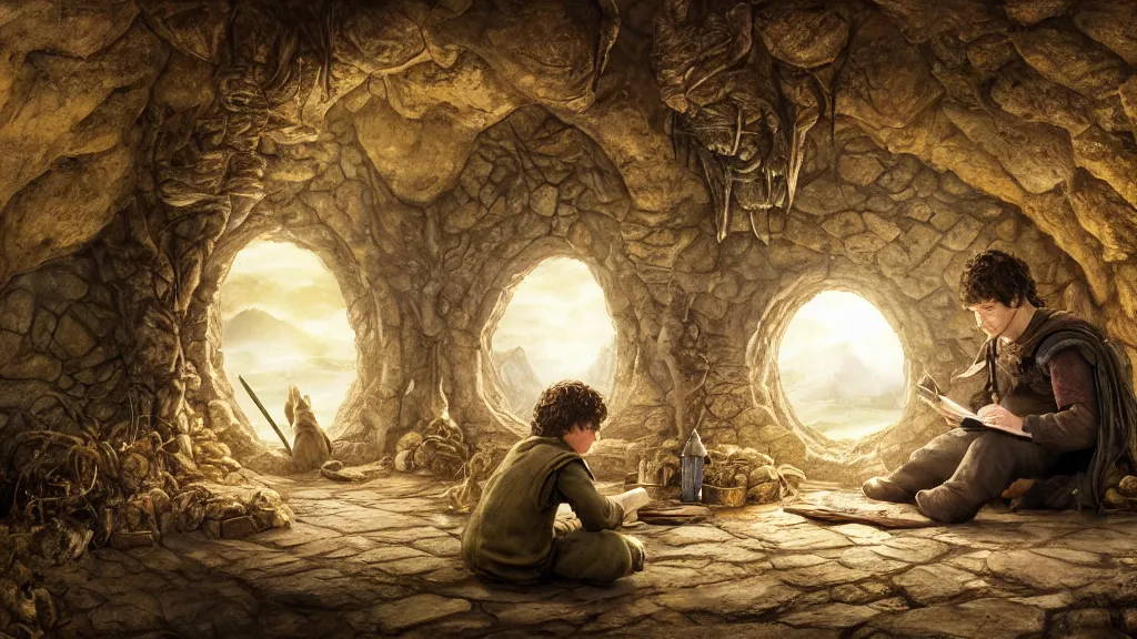 Prompt: frodo writing in his journal inside his hobbit hole bag end at the end of his journey, hobbiton visible through a window, by alan lee, michal karcz, smooth details, lord of the rings, game of thrones, smooth, detailed terrain, oil painting, trending artstation, concept art, fantasy matte painting, over the shoulder camera shot