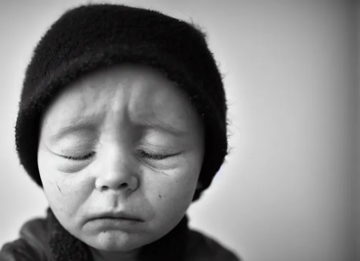 Image similar to high _ resolution _ black _ and _ white _ portrait _ with _ a _ 3 5 _ mm _ f _ 5. 0 _ lens _ of _ a _ child _ in _ soviet _ russia _ with _ closed _ eyes _ and _ a _ sad _ face _ about _ to _ cry.