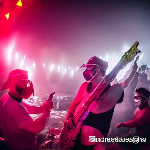 Prompt: scandy and arender, cooking it up, hot hot hot, splash, ahhhhhhh, roomies, bohemian digitals, playing a live gig at ozora festival, night time, colored lights, stroboscope, fog machine, no faces visible, with masks, huge crowd, ecstatic, photorealistic photography