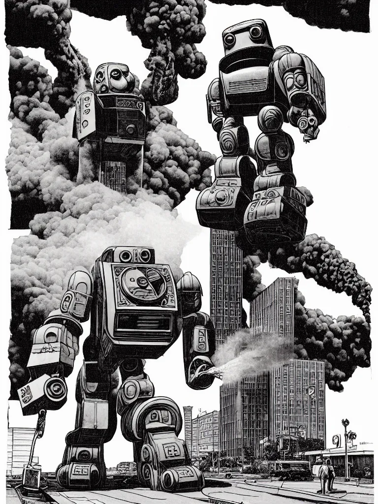 Prompt: an individual coherent Giant classic robot walking down the street, holds a massive glazed donut to its mouth, a building is on fire smoking and a crushed car is under the foot of the giant robot by Richard Corben