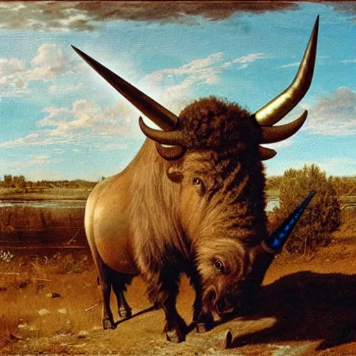 Image similar to A Buffalo with a unicorn horn emerging from its head, painting