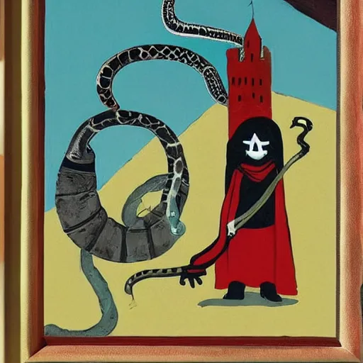 Image similar to A beautiful street art of a horned, red-eyed, skeleton-like creature, with a long black cape, and a staff with a snake wrapped around it, standing in front of a castle atop a cliff. catholicpunk by Arthur Dove