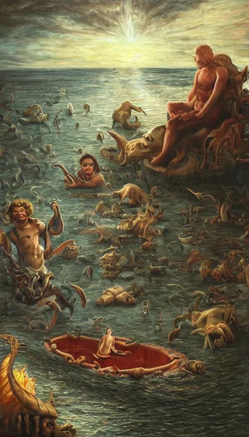 Image similar to man on boat crossing a body of water in hell with creatures in the water, sea of souls, by jason de graaf