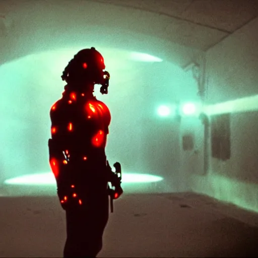 Image similar to movie still of cyborg with glowing third eye, cinematic composition, cinematic light, criterion collection, by david lynch