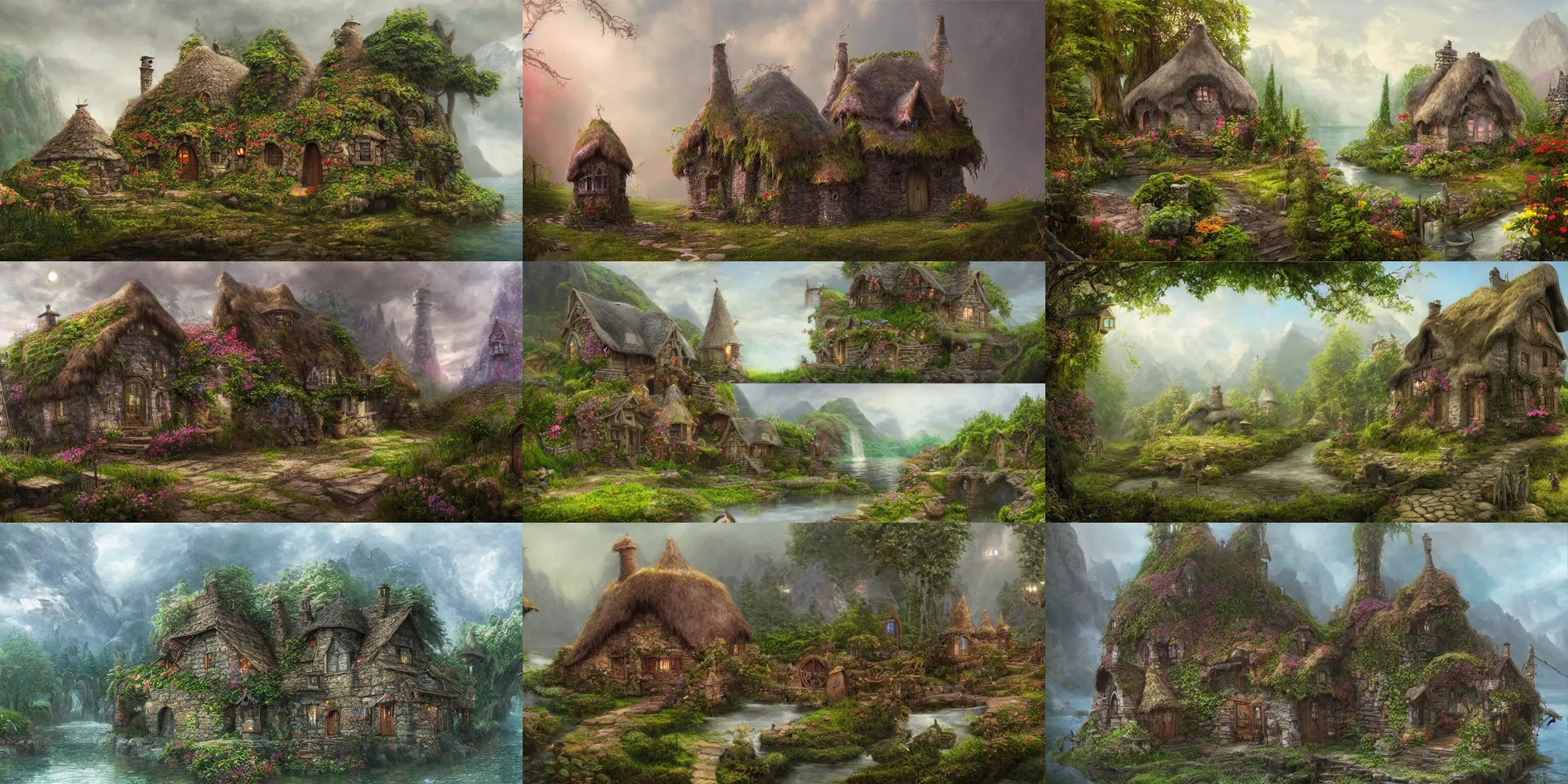 Prompt: highly realistic and detailed concept painting of detailed matte painting of a ( ( magical fantasy cottage ) ) on a magical fantasy ( ( ( ( island ) ) ) )