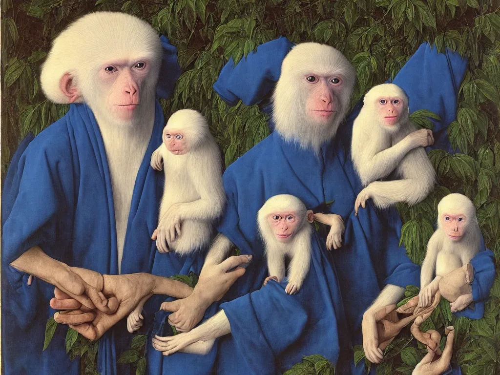 Prompt: Portrait of albino mystic with blue eyes, with exotic beautiful Japanese macaque. Painting by Jan van Eyck, Audubon, Rene Magritte, Agnes Pelton, Max Ernst, Walton Ford