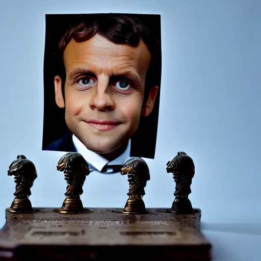 Image similar to closeup portrait of a tiny emmanuel macron dressed as napoleon standing on a desk, macro photo, bokeh, natural light, sharp, detailed face, magazine, press, steve mccurry, david lazar, canon, nikon, focus