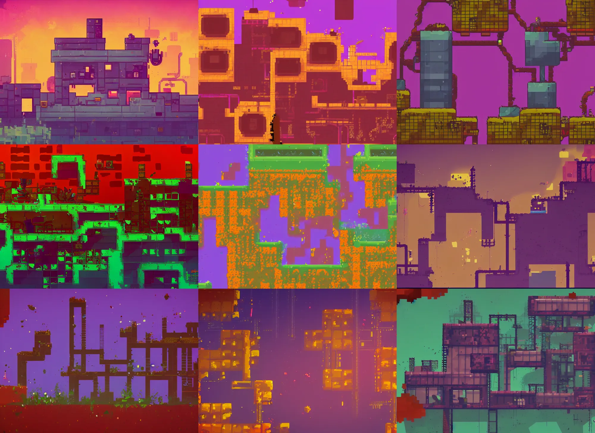 Prompt: an abandoned overgrown factory in the style of fez and celeste, atmospheric, orange and purple color scheme