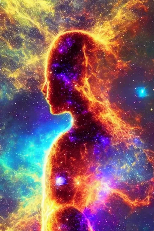 Image similar to a human being consumed by universe energy, quantum entanglement between universe and soul, all matter of the universe colliding into one soul and cosmos.