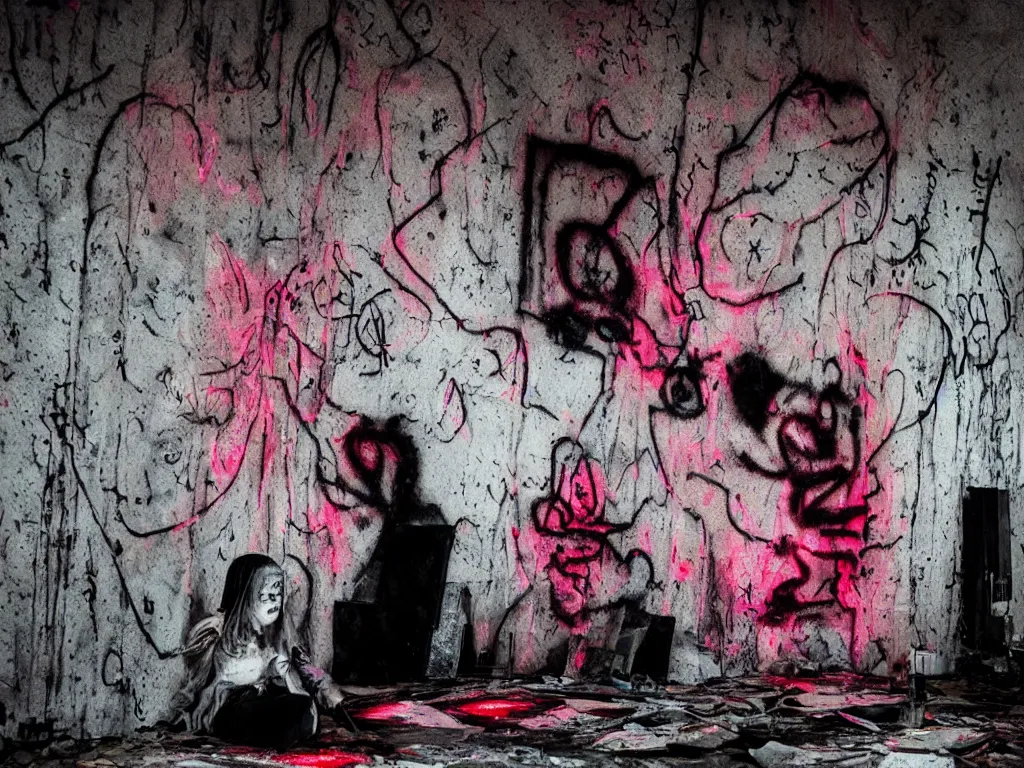 Prompt: ghost wraith apparition caught on camera, graffiti in an abandoned bunker, cute fumo plush gothic black enigmatic maiden girl painted in spilt red ink and washed watercolor, glowing ancient glyphs and summoning circle, neon light, avant garde pop art, filmic, vignette, captured on canon eos r 6