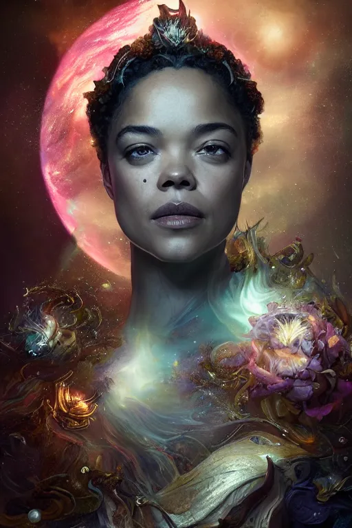 Prompt: mysterious detailed cgi matte painting of a tessa thompson the space empress of the andromeda, by ellen jewett, alessio albi | symmetrical features, photorealism, stunning, ornate, royally decorated, organic, growth, whirling gasses, glowing particles, refractive adornments, colorful torn nebulas, radiant vibrant colors