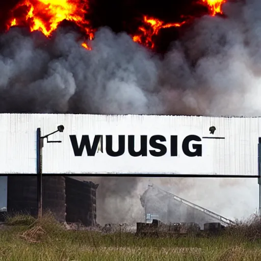 Prompt: burning warehouse with giant sign that says “ ozon ”, realistic photo