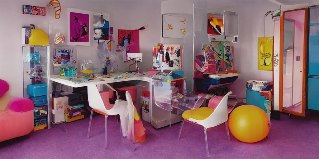 Image similar to a teens room in the 90s with transparent inflatable chairs and 90s novelty items and an old computer