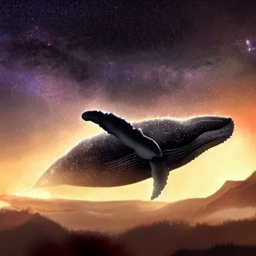 Prompt: a beautiful scenary of a fantasy world of a giant humpback whale on the sky with the background of a milky way, artstationHD, digital painting, hyper detail, elegant, cinematic, epic lighting, very very very very beautiful scenery