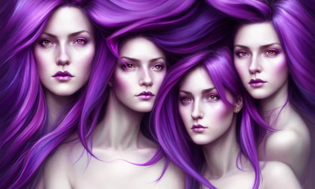 Image similar to Purple hair relistic Portrait of a three woman with bright colored flying hair, all shades of purple. Beauty face, Hair coloring, fantasy, intricate, elegant, highly detailed, digital painting, artstation, concept art, smooth, sharp focus, illustration, art by artgerm and greg rutkowski and alphonse mucha