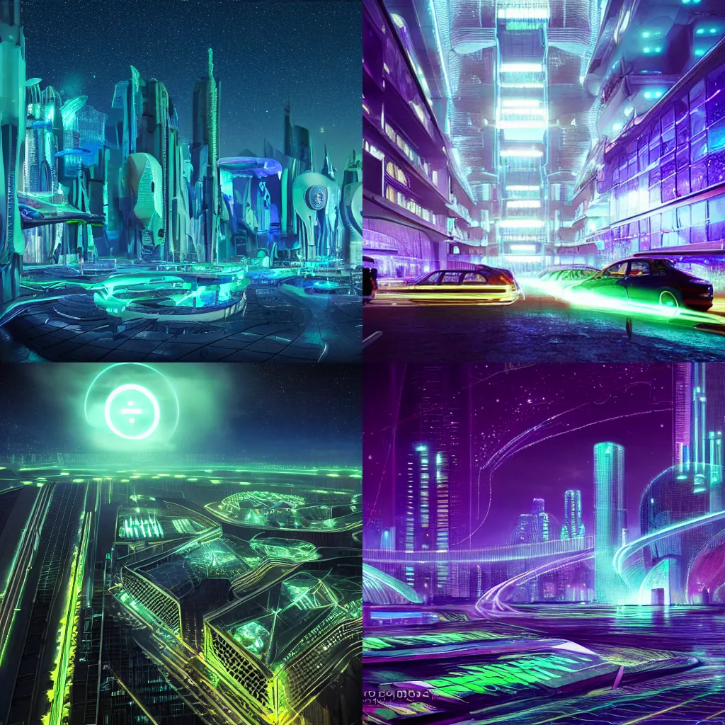 Prompt: photograph of a bioluminescent futuristic city