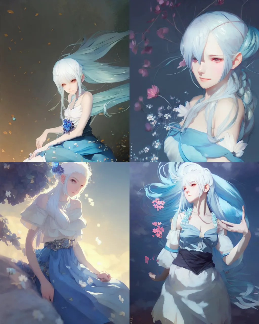 Prompt: a girl with white hair and blue skirt, flower decoration on the background, a beautiful half body illustration, top lighting, perfect shadow, soft painting, art by hidari and krenz cushart and wenjun lin