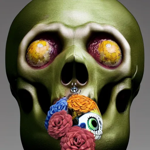 Image similar to Takashi Murakami, 3d render, octane render, A beautiful oil painting hyperrealism of a growing roses out of a skull head, bulging eyes, rotten green skin, grey beard, blue veins, skull bones flowers, 8k resolution, octane render, Trending on artstation, by Gediminas Pranckevicius, zdzisław beksiński, h.r. giger, dan mumford and jeffrey smith, volumetric light 2blue fractal Thunder glow, anaglyph effect, Laurie Lipton