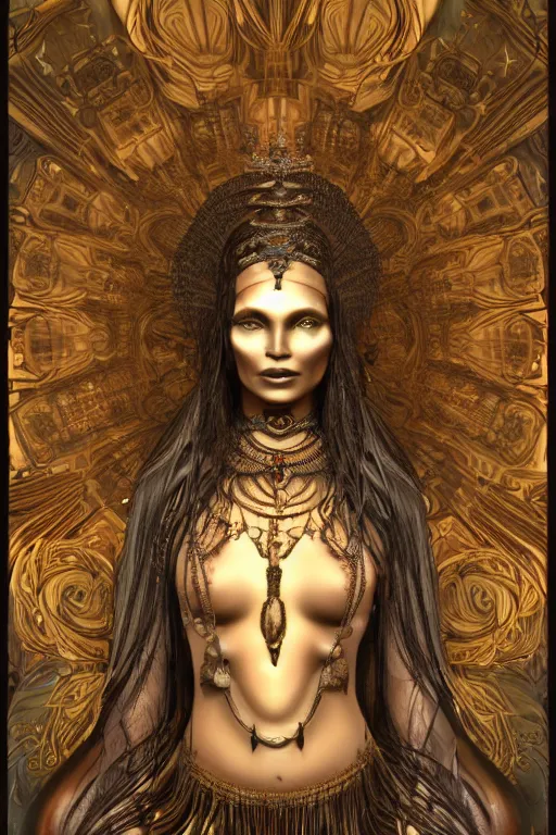 Prompt: a realistic dark photo of a beautiful ancient alien woman goddess kate moss nataraja shiva standing in iris van herpen dress jewelery and fractals in style of alphonse mucha art nuvo dmt trending on artstation made in unreal engine 4