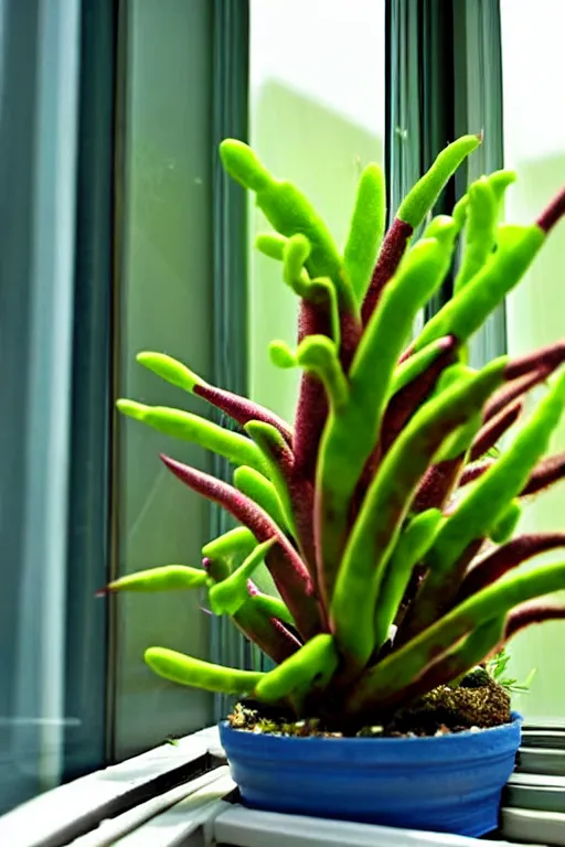 Image similar to an unknown exotic succulent shrubbery, a strange and weird potted plant is in a windowsill