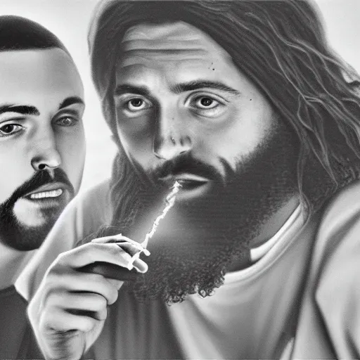 Image similar to an ultra detailed picture portrait of Mac Miller and Jesus smoking a joint in heaven, 8k, photorealistic,