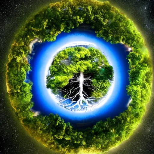 Prompt: godly tree of life seen from outer space engulfs the earth