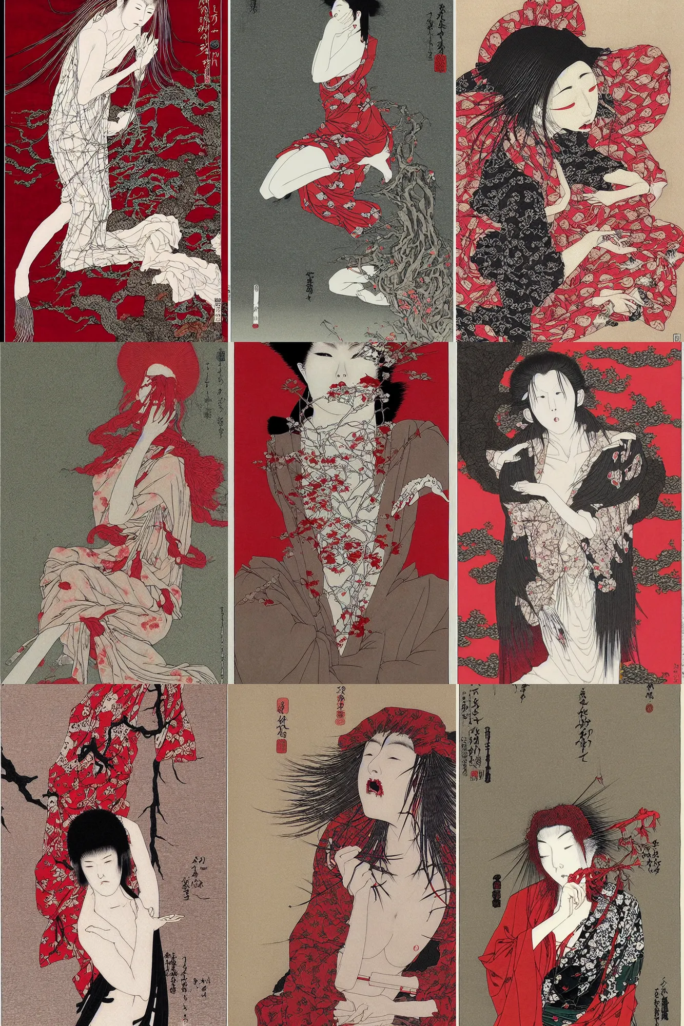 Prompt: woman enduring excruciating suffering, by takato yamamoto, eerie, red