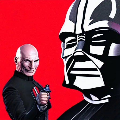 Prompt: a hyper real comic book style portait painting of captain picard and darth vader with the light sword, unreal 5, hyperrealistic, octane render, cosplay, rpg portrait, dynamic lighting