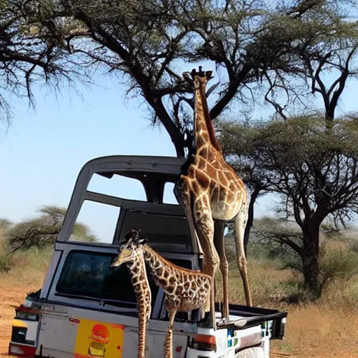 Image similar to a giraffe in a safari truck in south africa watching humans drink water mid dat