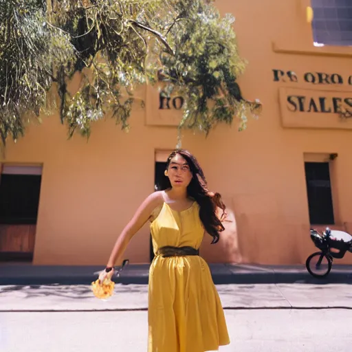 Image similar to portrait photo of a beautiful brown hair woman in a yellow sun dress in downtown Los Angeles, Kodak Portra 400 film