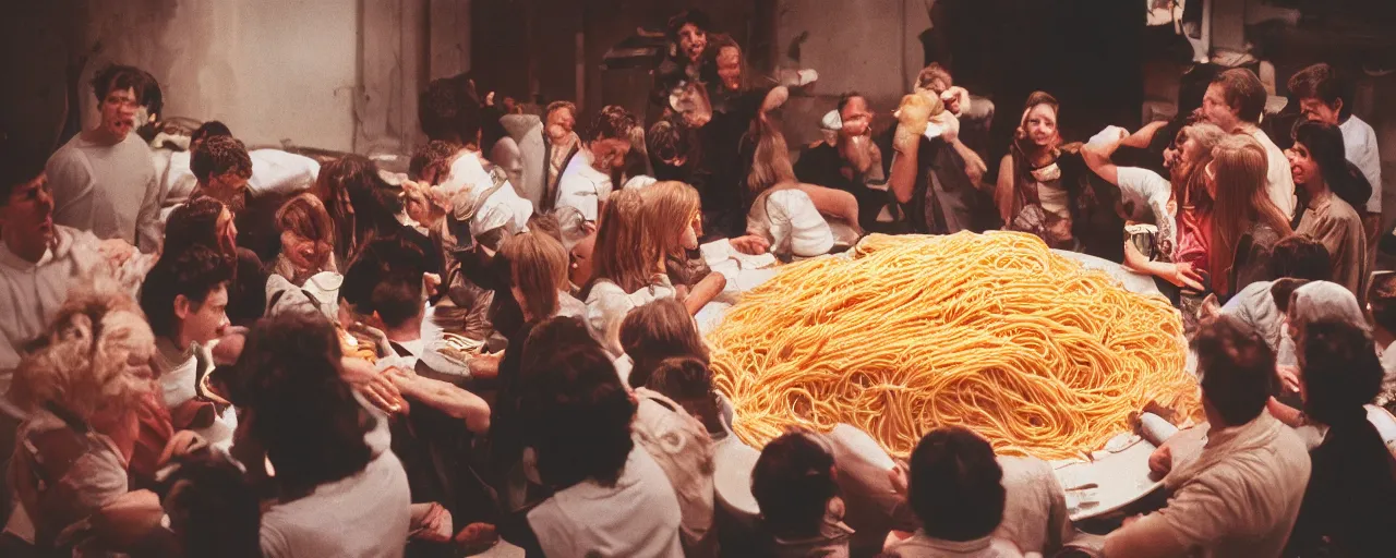 Image similar to a group of people being consumed by a giant bowl of spaghetti, fear, anxiety, canon 5 0 mm, cinematic lighting, photography, retro, film, kodachrome