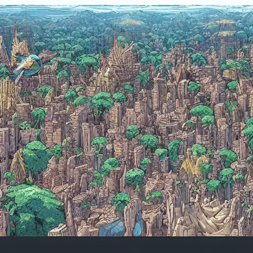 Image similar to a birds eye view overlooking a cell shaded cartoon a walled off ancient fantasy city surrounded by mountains and trees of greens and browns, rivers and lakes, the city is being besieged by monsters, concept art by josan gonzales and wlop, Laurie Greasley and james jean, highly detailed, sharp focus, Trending on Artstation, HQ, deviantart, art by artgem