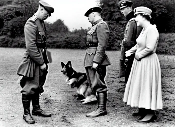 Image similar to ultra wide 1 9 4 6 historical far away photo a german general surrendering to young queen elizabeth, her corgis are nearby highly detailed