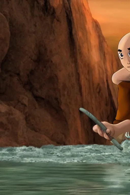 Image similar to close up still shot of aang learning to water bend in a river, from the live action movie the last airbender, 3 5 mm, highly detailed, dynamic lighting