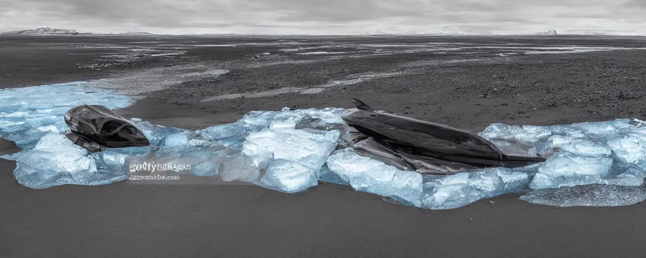 Image similar to cinematic shot of giant symmetrical futuristic military spacecraft in the middle of an endless black sand beach in iceland with icebergs in the distance,, 2 8 mm