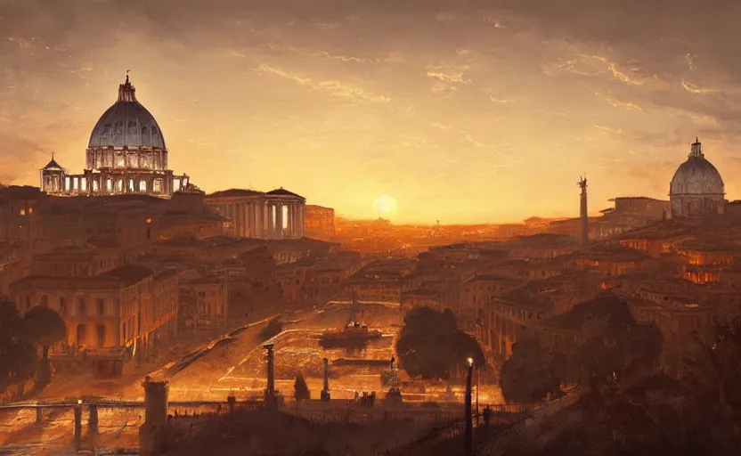 Prompt: painting of skyline of rome at sunset, natural light, concept art, by greg rutkowski, cozy atmospheric and cinematic lighting