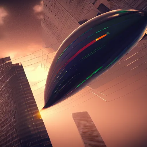 Prompt: A photorealistic 3D render of a zeppelin flying over a cyberpunk city on a cloudy night, octane render, surreal digital art