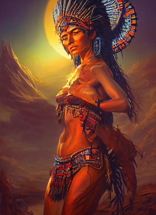 Image similar to aztec sun goddess, vivid colors, dark shadows, contrast, concept art, sharp focus, digital art, Hyper-realistic, 4K, Unreal Engine, Highly Detailed, Dramatic Lighting, Beautiful, by Brom, bastien lecouffe-deharme