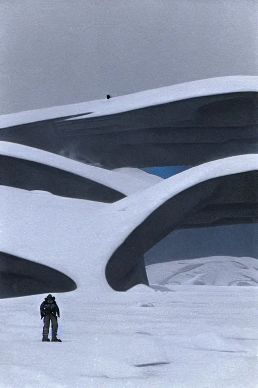 Image similar to scenes from planet hoth by john schoenherr, cinematic matte painting, zaha hadid building, 8 k, dark color palate