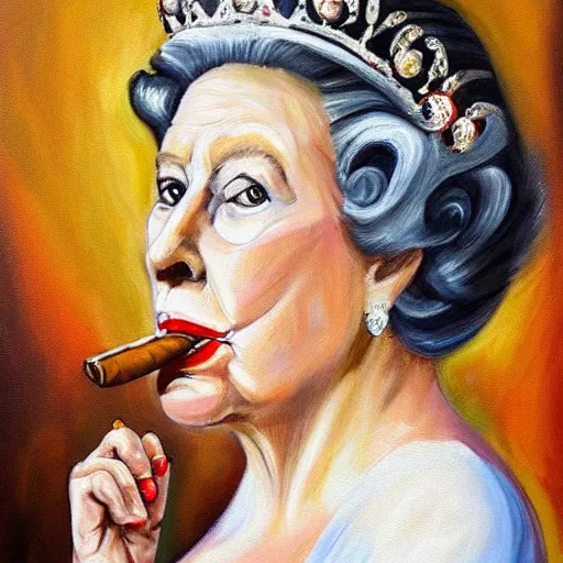 Image similar to Realistic painting of Queen Elizabeth II smoking a cigar on a unicycle