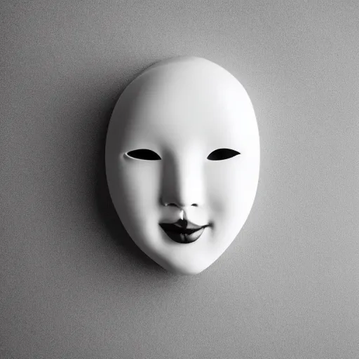 Image similar to professional photograph of a white porcelain mask, female face shaped, floating, black background, light source on top, front view