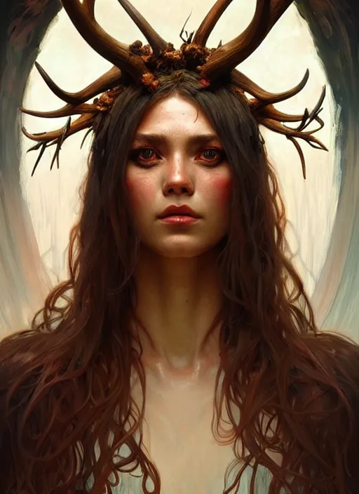 Prompt: portrait of shaman beautiful girl, intrigante, ¨ hedgear with antlers and bone parts, headshot, highly detailed, digital painting, artstation, concept art, sharp focus, cinematic lighting, illustration, art by artgerm and greg rutkowski, alphonse mucha, cgsociety