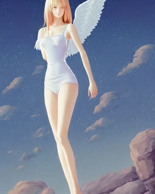 Image similar to infinitely detailed full - body portrait pale female peaceful dream angel wearing elegant clothes. beautiful! scenery art! by wlop & murata range, by ilya kuvshinov. artstation!! / pixiv!!