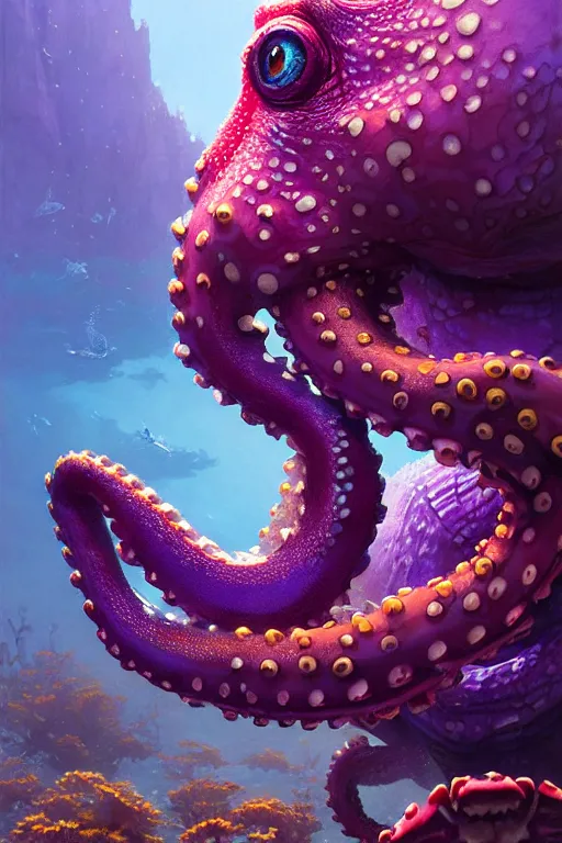 Prompt: highly detailed portrait of purple octopus playing with crab, stephen bliss, unreal engine, fantasy art by greg rutkowski, rhads, ferdinand knab, makoto shinkai and lois van baarle, ilya kuvshinov, rossdraws, tom bagshaw, global illumination, radiant light, red blue theme, coral reef