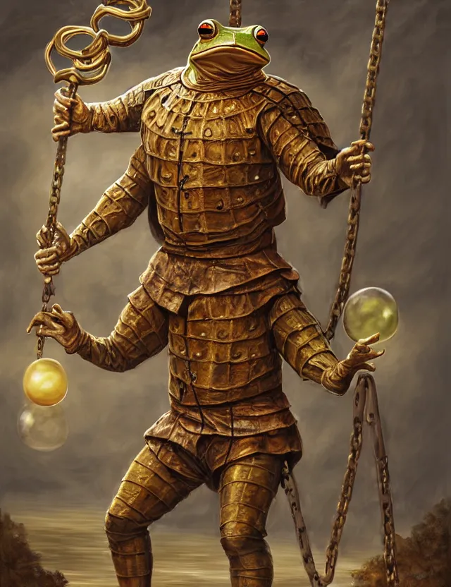 Prompt: anthropomorphic bipedal frog that is dressed as a renaissance fighter, and holding a giant flail on a chain, as a matte oil painting and d & d character art, by alex grey, standing, fullbody, floating bubbles, mystic, fog, fractals, spirals, concept art, award - winning, extremely detailed, sharp focus