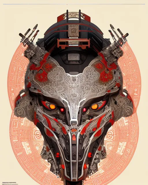 Image similar to symmetry!! portrait of a machine from horizon zero dawn, machine face, decorated with chinese opera motifs, asian, asian inspired, intricate, elegant, highly detailed, digital painting, artstation, concept art, smooth, sharp focus, illustration, art by artgerm and greg rutkowski and alphonse mucha, 8 k