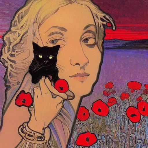 Image similar to a masterpiece painting by alfons mucha exposed at the louvre : black cat taking the sun in a poppy field with a red sunset in the background