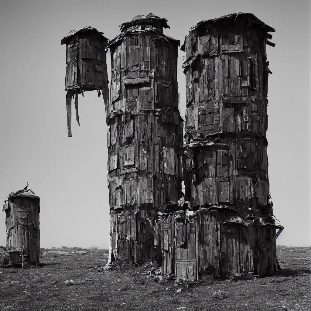 Prompt: two round towers, made up of makeshift squatter shacks, dystopia, mamiya rb 6 7, fully frontal view, very detailed, photographed by ansel adams